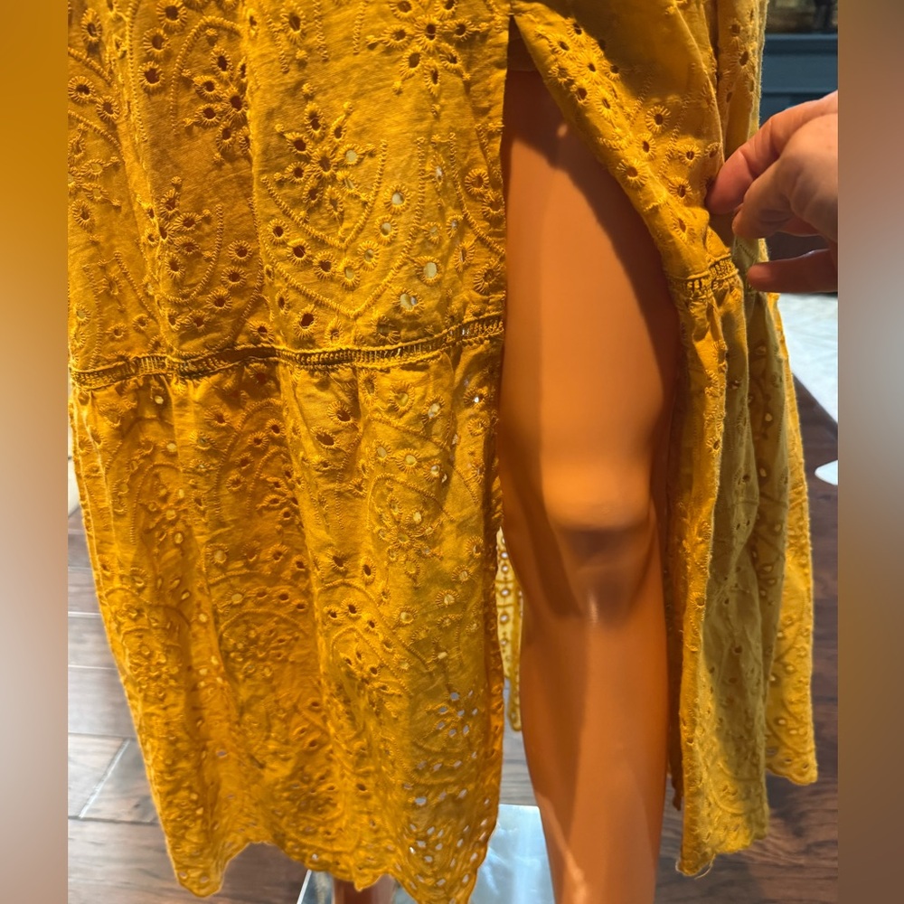 Boho Eyelet Midi Dress Mustard Yellow Sundress Slit Summer Size S - Picture 5 of 8